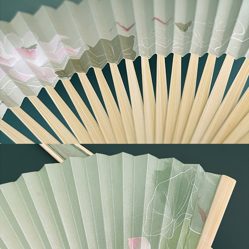 Handgefertigter Papier-Bambus-Faltfächer mit Buddha-Steinen, Lotusblumen, Blättern und Koi-Fischen