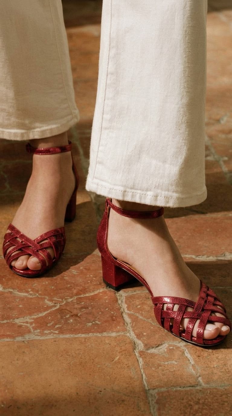 Goldene Peep-Toe-Pumps mit breitem Absatz und Knöchelriemen