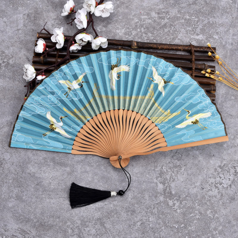 Vintage Bambus Faltfächer mit Wolken- und Kranich-Muster – Handgefertigt von Buddha Stones