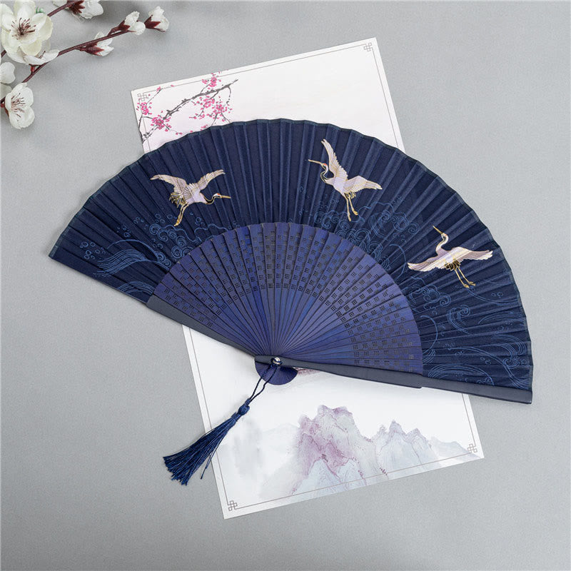 Faltbarer Bambus-Handfächer, 22,5 cm, mit Buddha-Steinen und Motiven von Kranich, Libelle, Lotus, Pfingstrose, Pflaumenblüte und Schmetterling