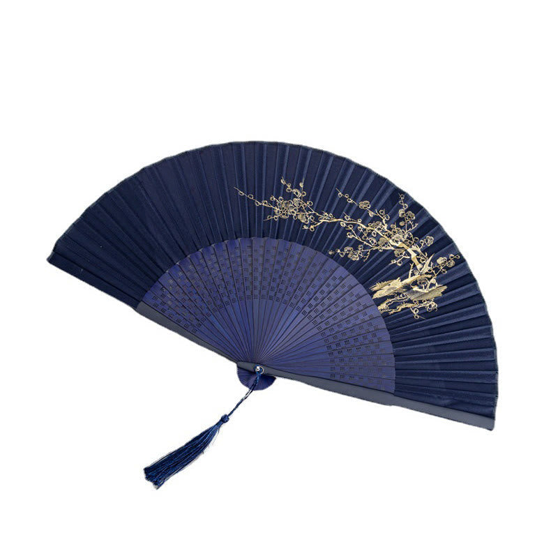 Faltbarer Bambus-Handfächer, 22,5 cm, mit Buddha-Steinen und Motiven von Kranich, Libelle, Lotus, Pfingstrose, Pflaumenblüte und Schmetterling