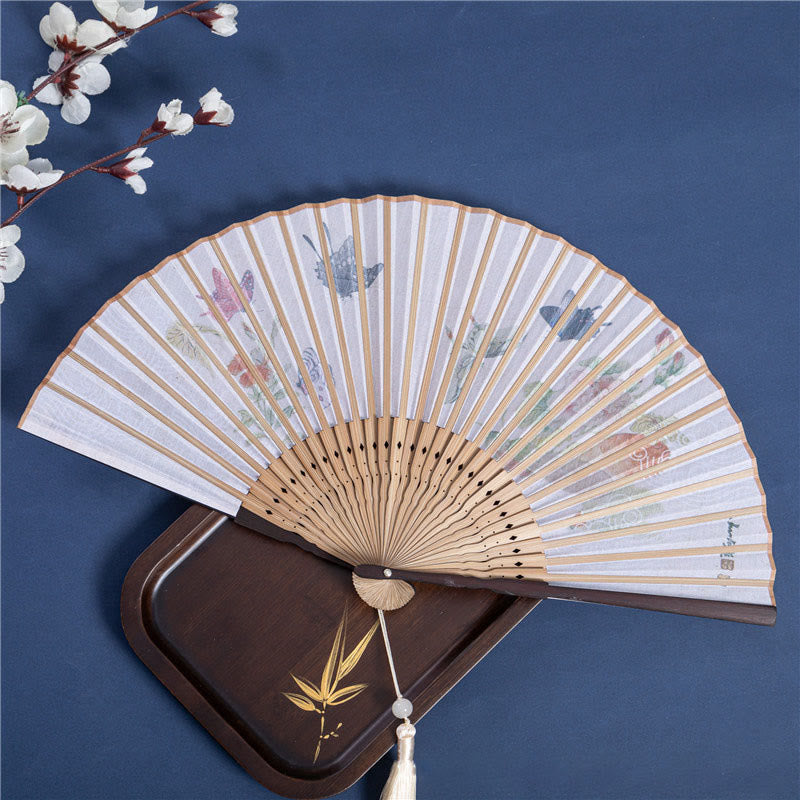 Buddha Butterfly Orchid Cat Handheld Cotton-Linen Bamboo Folding Fan - 22cm