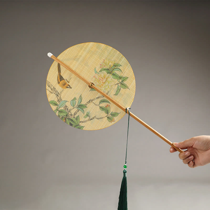 Handgefertigter Fächer mit Buddha-Motiven, Vögeln, Blumen, Persimonen, Koi-Fischen, Lotus und Bambus – Tragbar und Rollbar