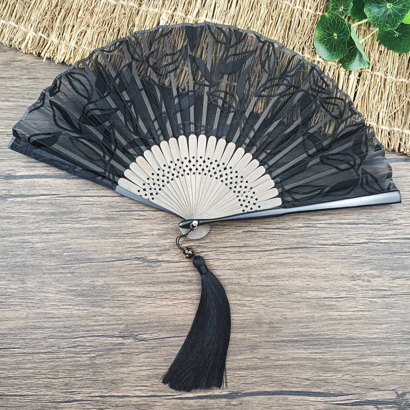 Retro Buddha Stones Floral Silk Handheld Bamboo Folding Fan