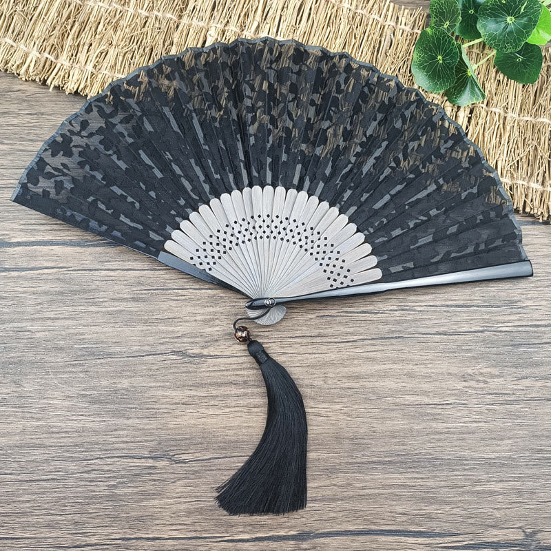 Retro Buddha Stones Floral Silk Handheld Bamboo Folding Fan