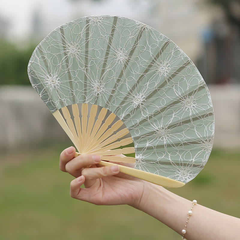 Retro Buddha Stones Large Floral Embroidery Shell-Shaped Tassel Handheld Bamboo Folding Fan