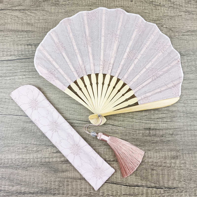Retro Buddha Stones Large Floral Embroidery Shell-Shaped Tassel Handheld Bamboo Folding Fan
