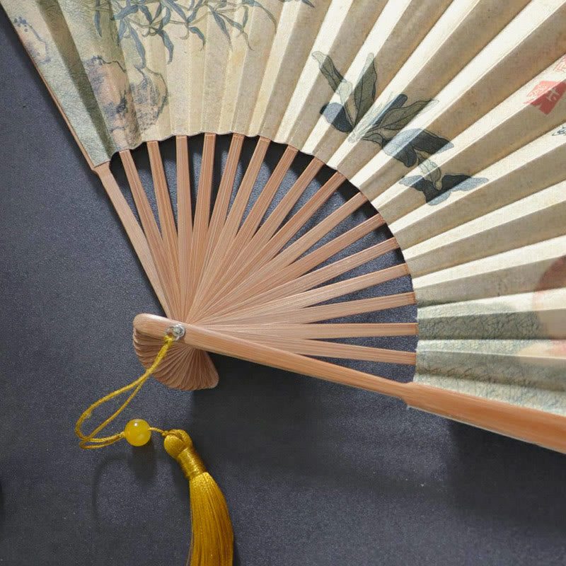 Faltbarer Handventilator aus Baumwolle und Leinen mit Buddha-Motiven, Schmetterlingen, Katzen und Blumen