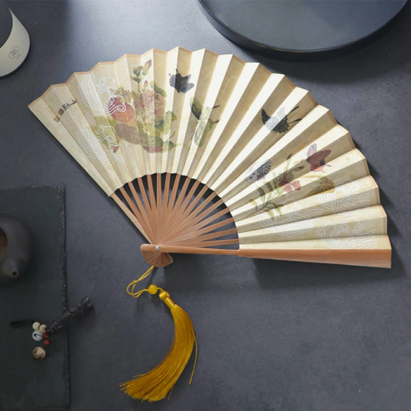 Faltbarer Handventilator aus Baumwolle und Leinen mit Buddha-Motiven, Schmetterlingen, Katzen und Blumen