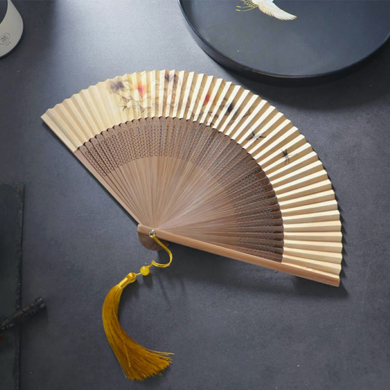 Buddha Stones, Lotus, Dragonfly, Peony, Butterfly, Bamboo Hand Fan - 22.5 cm