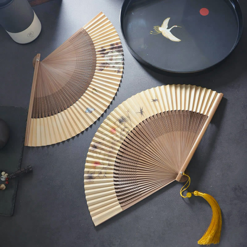 Buddha Stones, Lotus, Dragonfly, Peony, Butterfly, Bamboo Hand Fan - 22.5 cm