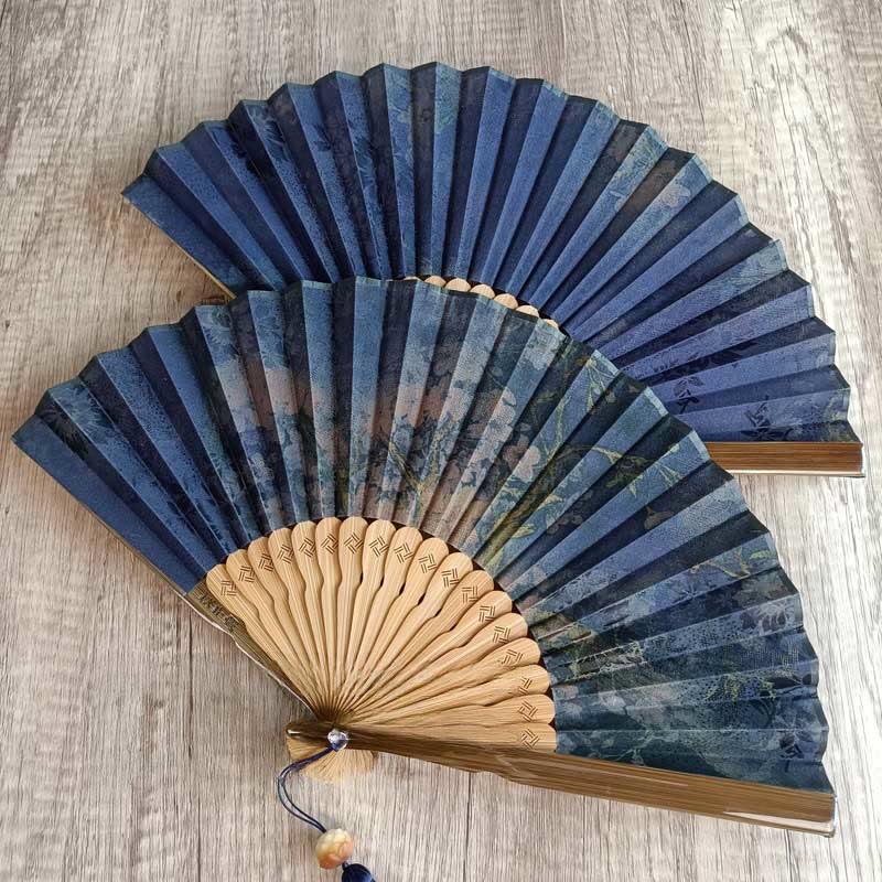 Buddha Stones Handcrafted Bamboo Fan with Floral Design, Kaki, Bamboo Leaves, and Xiangyunsha Silk