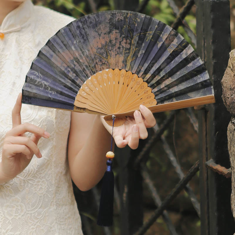Buddha Stones Handcrafted Bamboo Fan with Floral Design, Kaki, Bamboo Leaves, and Xiangyunsha Silk