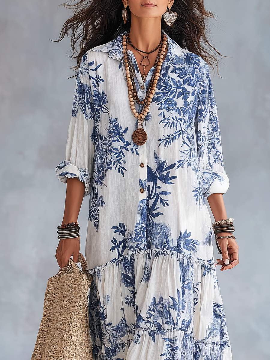 Boho-Stil Maxikleid mit Blumenmuster und Rüschen