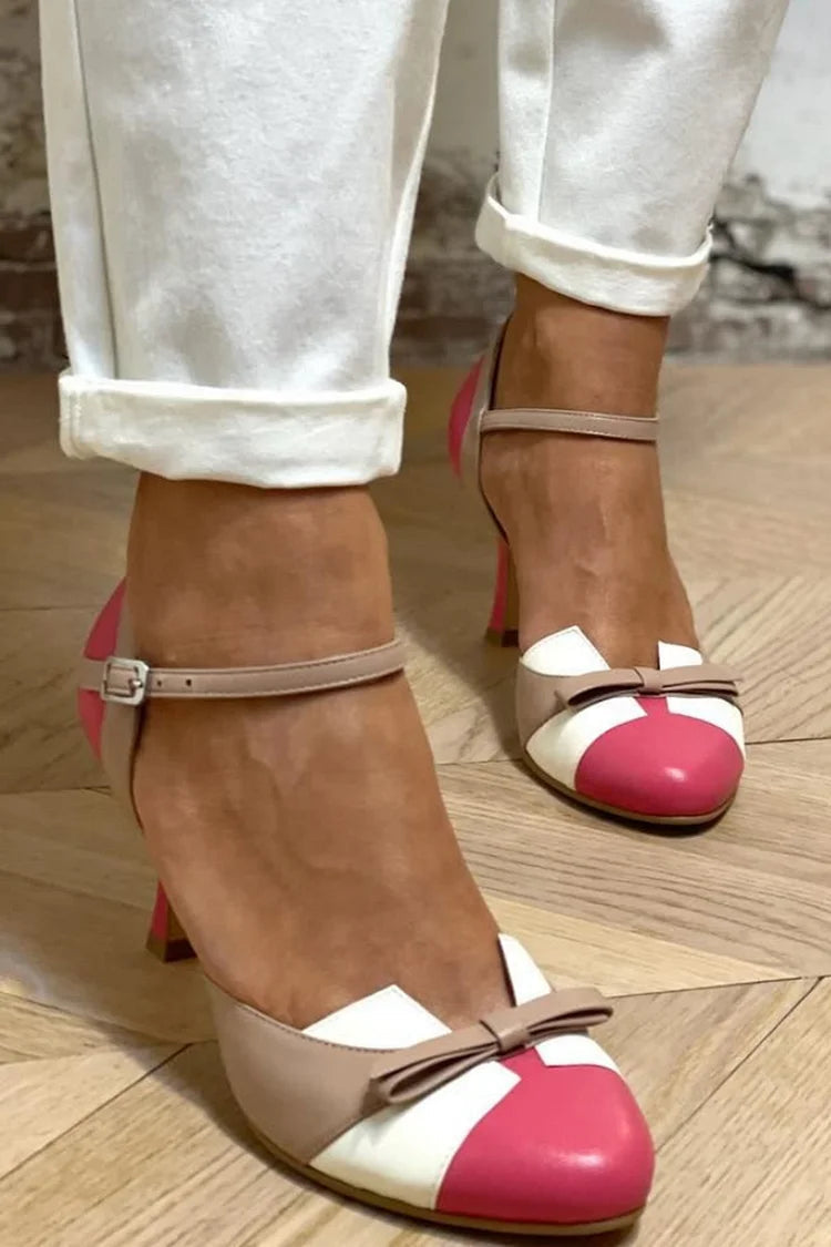 Fuchsia Farbblock-Patchwork-Pumps mit spitzem Absatz, runder Spitze und Schleifen-Detail