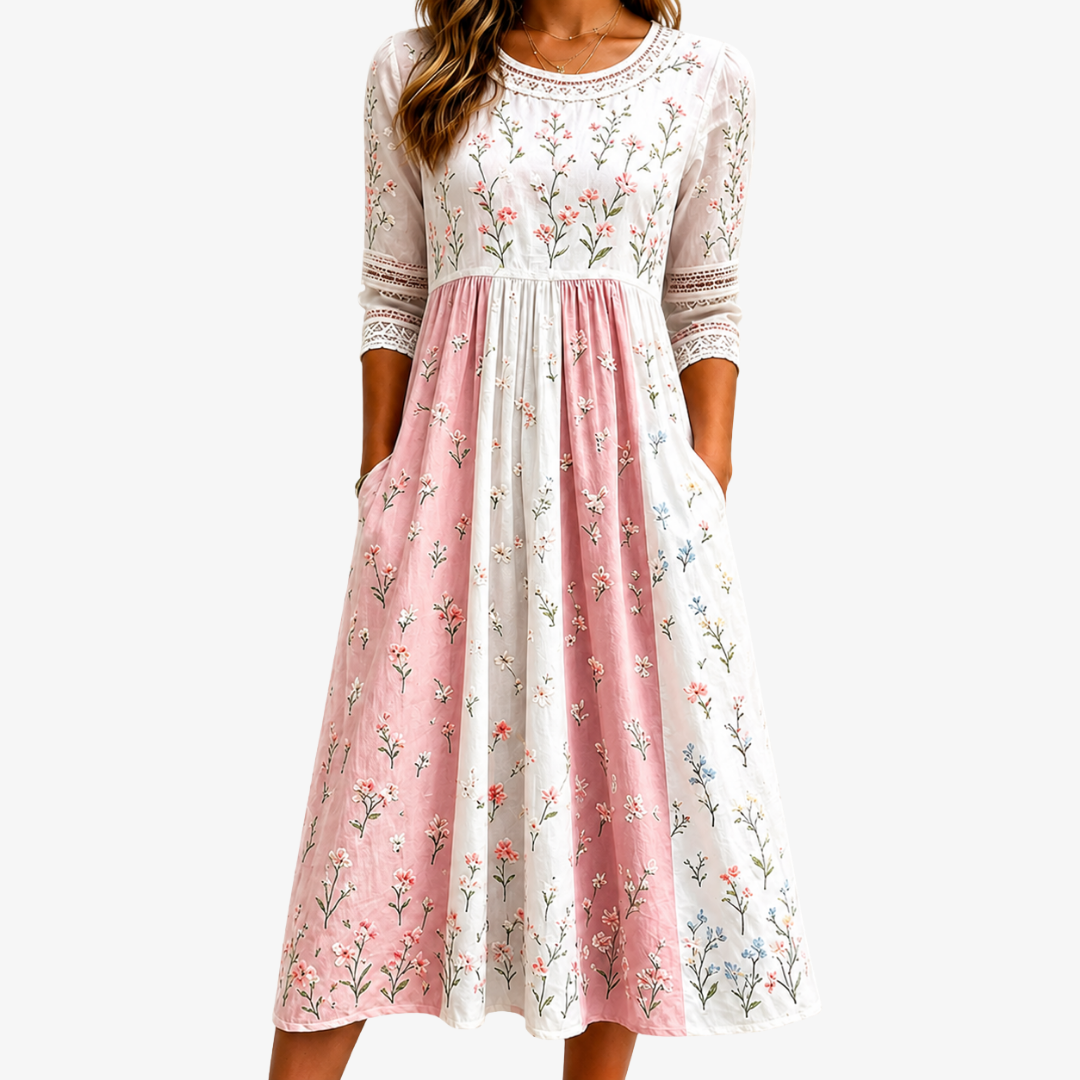 Blush Meadow Patchwork Midi-Kleid mit Taschen