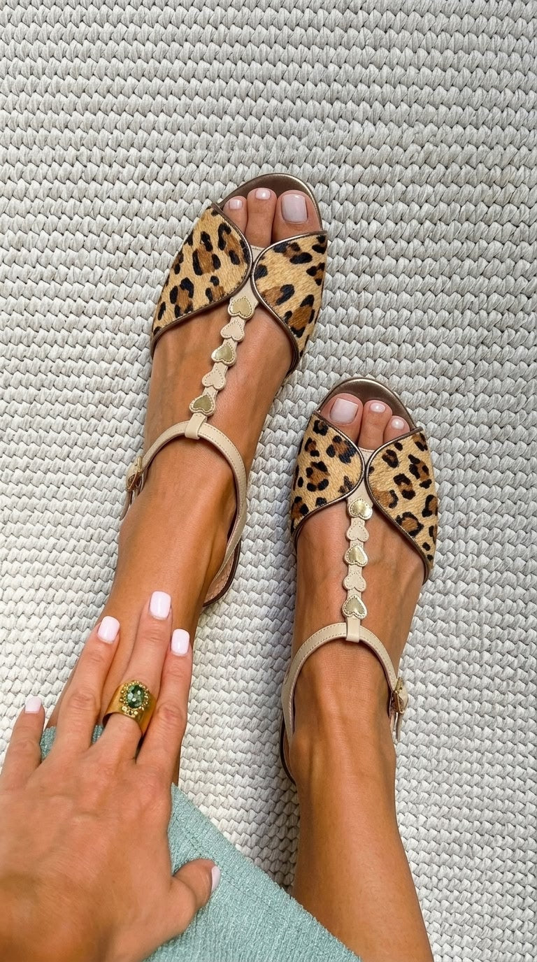 Goldene Kalbsleder Peep-Toe Sandalen mit Leopardenmuster, T-Riemen und Herzdesign