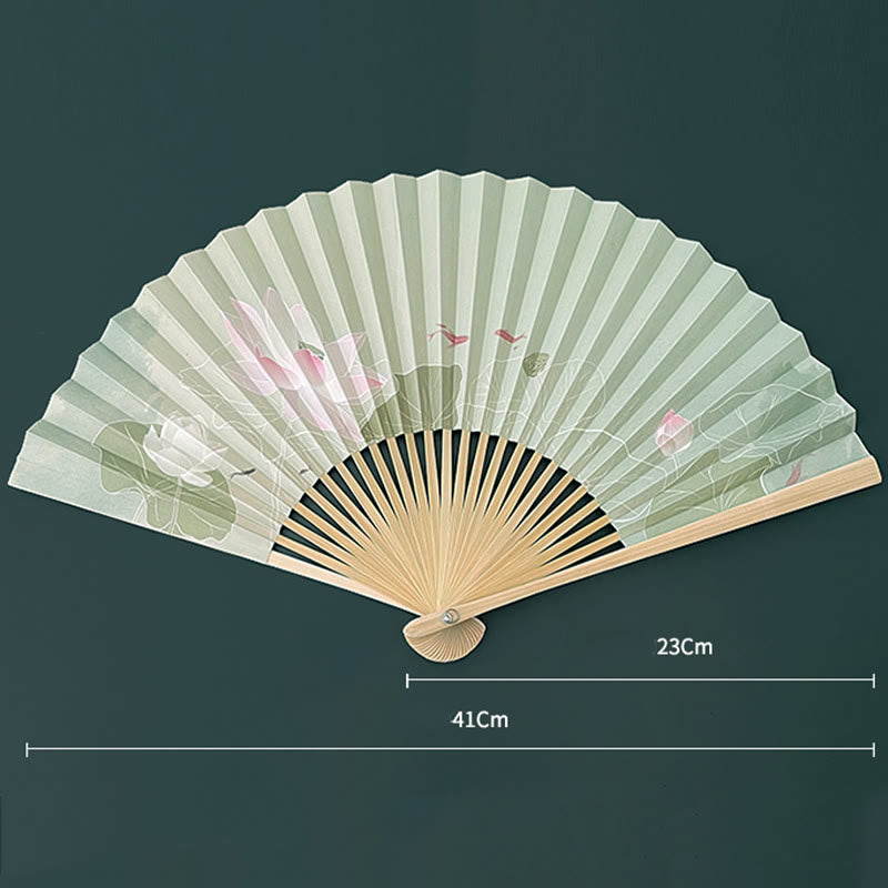 Handgefertigter Papier-Bambus-Faltfächer mit Buddha-Steinen, Lotusblumen, Blättern und Koi-Fischen