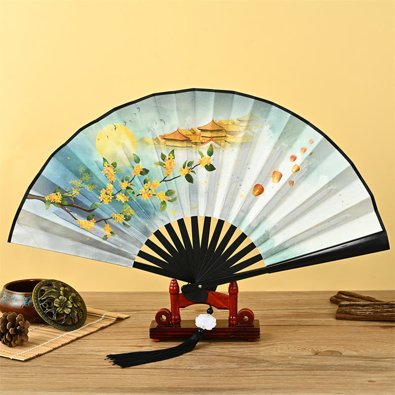 Vintage Buddha Stones Phoenix Nine-Tailed Fox Flower Bamboo Tiger Handheld Fan with Lotus Tassel