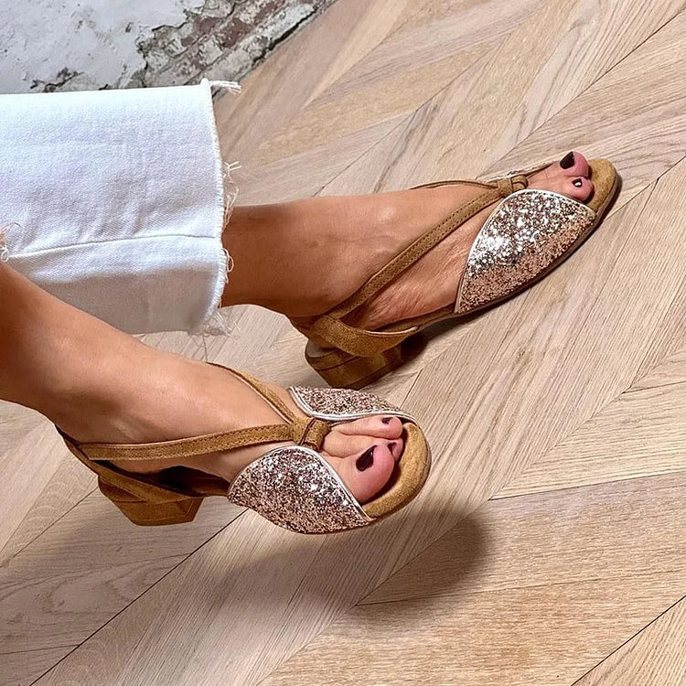 Braune Glitzer-Patchwork-Sandalen mit niedrigem Absatz