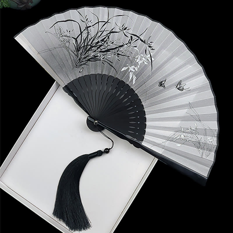 Vintage Buddha Stones Silk Hand Fan with Bamboo Frame - Peony Butterfly Lotus Design