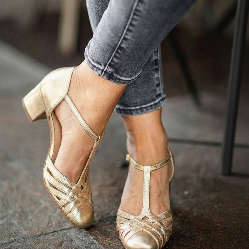 Stilvolle metallische Mary Jane Pumps mit T-Riemen und Blockabsatz