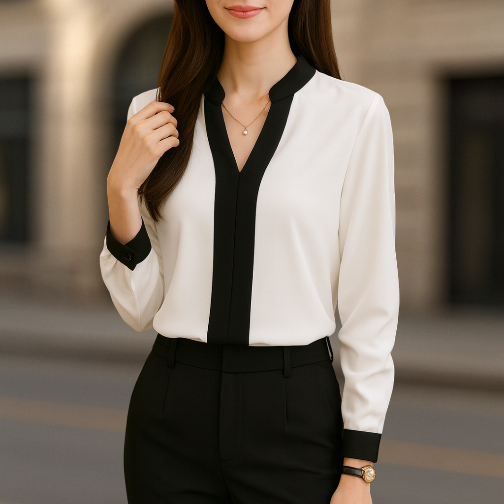 Blouse col V femme Alice Luxe finitions blanches et noires