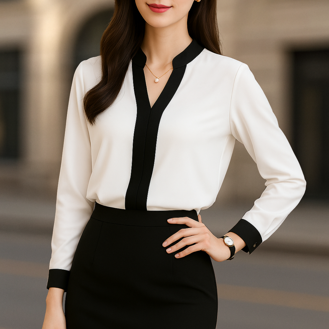 Blouse col V femme Alice Luxe finitions blanches et noires