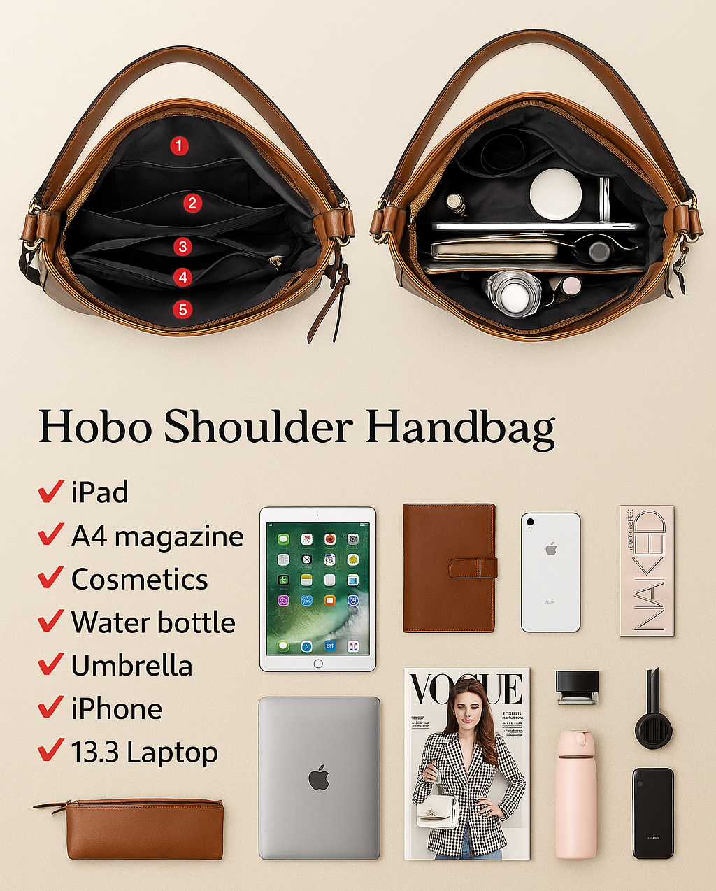 Luxueux sac à main hobo antivol en cuir