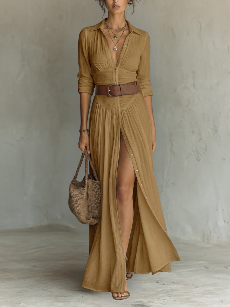 Robe longue en lin pour femme avec col à revers et manches longues.