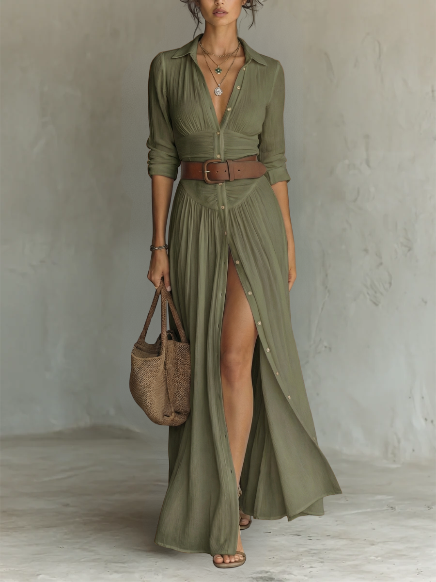 Robe longue en lin pour femme avec col à revers et manches longues.