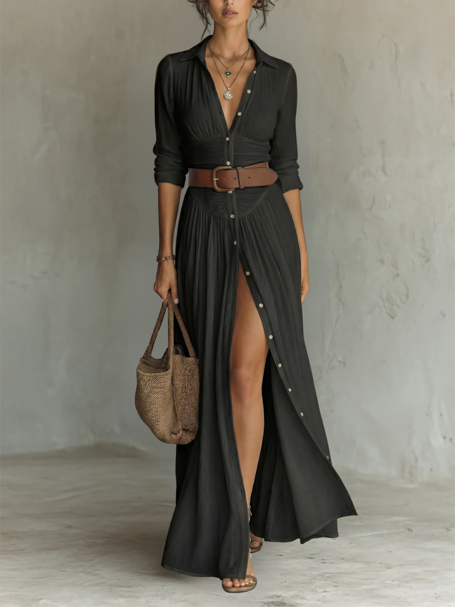 Robe longue en lin pour femme avec col à revers et manches longues.