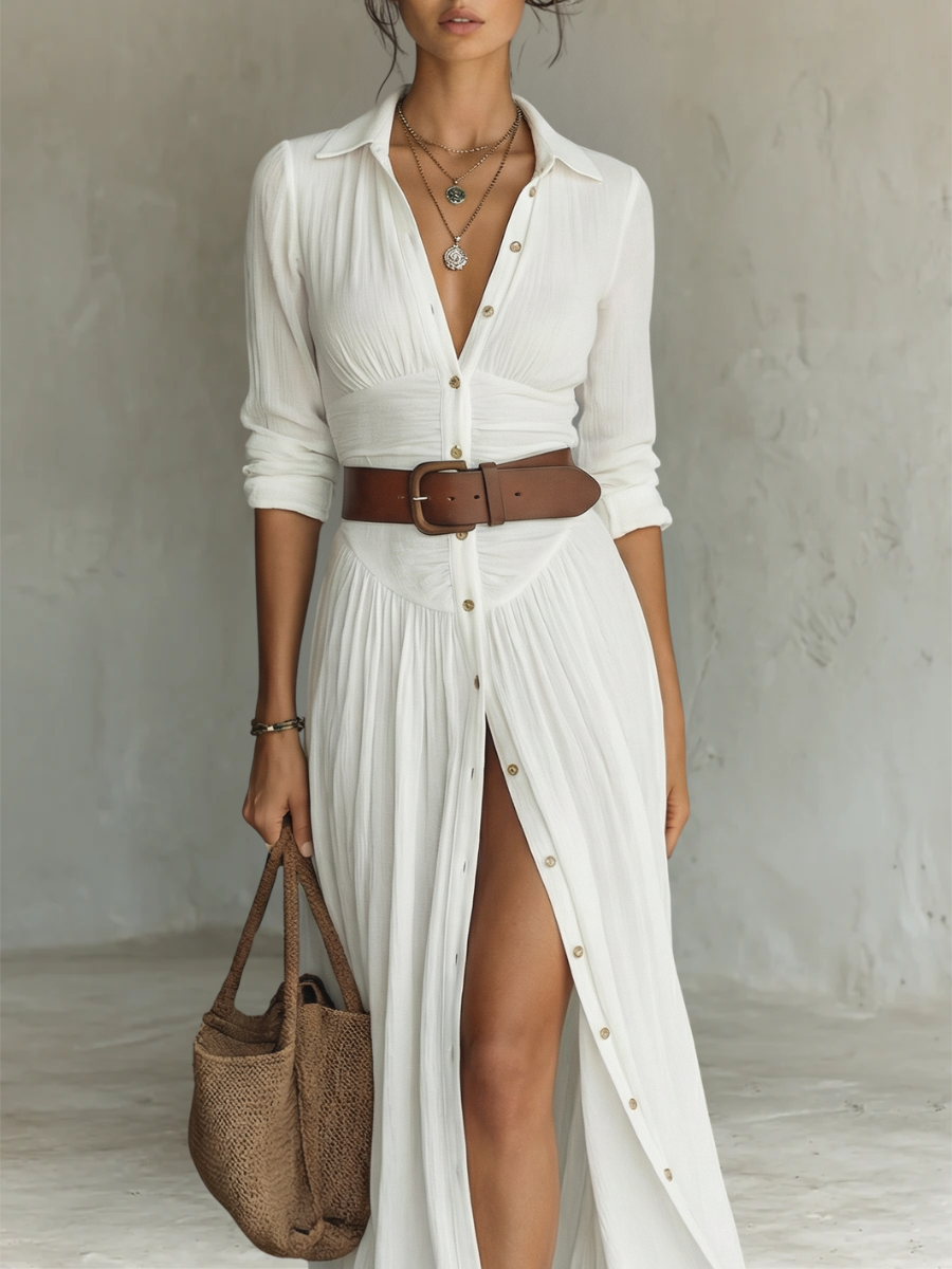 Robe longue en lin pour femme avec col à revers et manches longues.