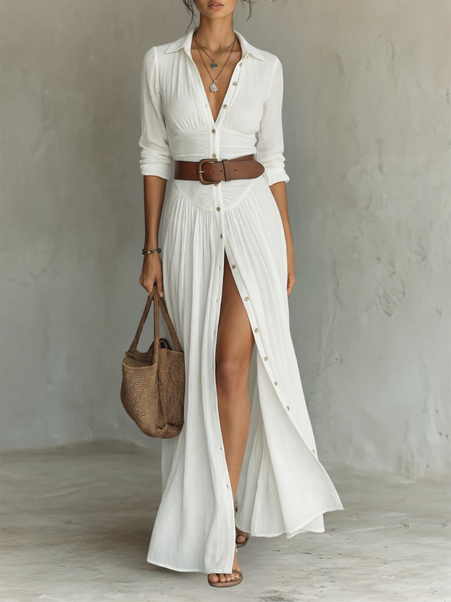 Robe longue en lin pour femme avec col à revers et manches longues.
