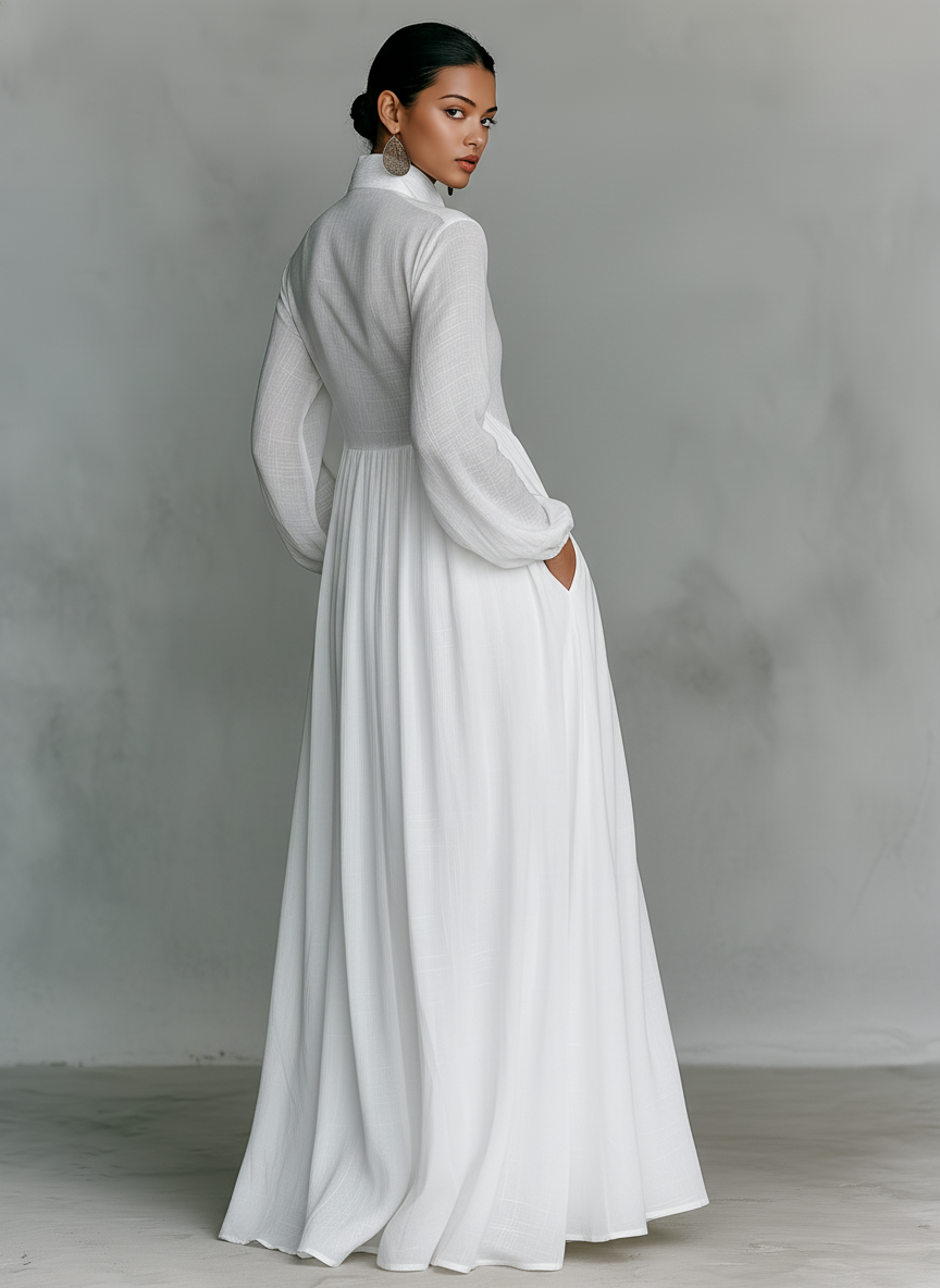 Sita | Patchwork Maxi Minikleid mit Hohem Kragen und Langen Ärmeln