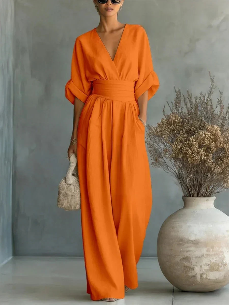 Combinaison élégante taille haute col V