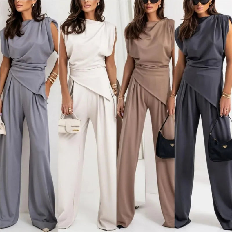 Ensemble deux pièces femme composé d'un haut asymétrique et d'un pantalon large