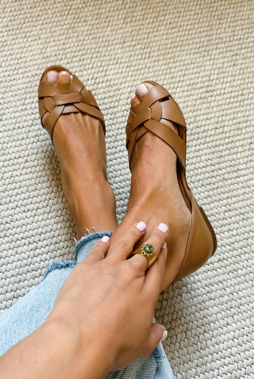 Geflochtene Peeptoe-Ballerinas aus Kunstleder mit Kreuzriemen und geschlossenem Absatz