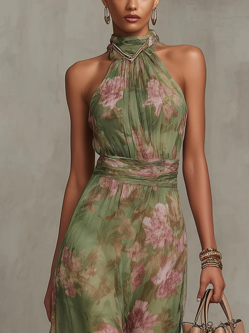 Florine™ | Robe longue verte à imprimé fleuri