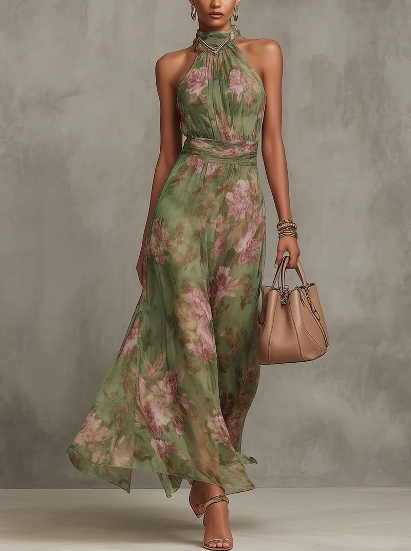 Florine™ | Robe longue verte à imprimé fleuri
