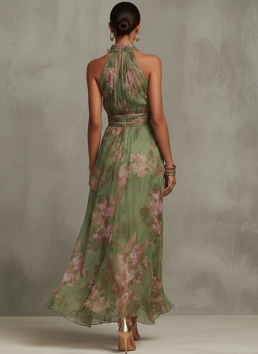 Serena ∙ Robe longue dos nu en mousseline fleurie verte
