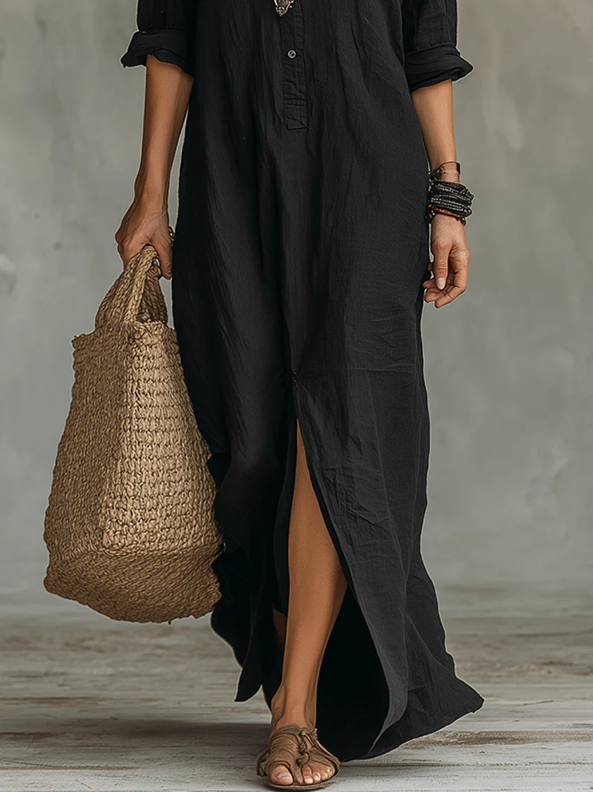 Soline™ | Robe longue noire large avec boutons