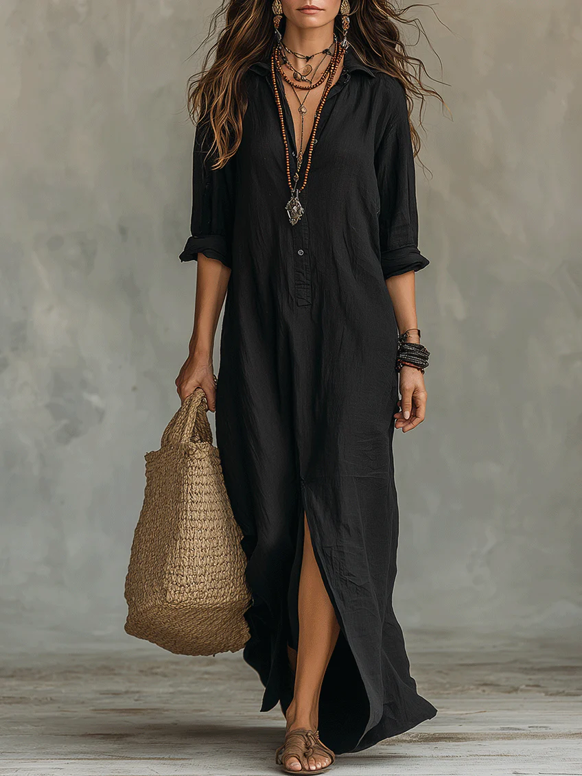 Soline™ | Robe longue verte fluide avec boutons