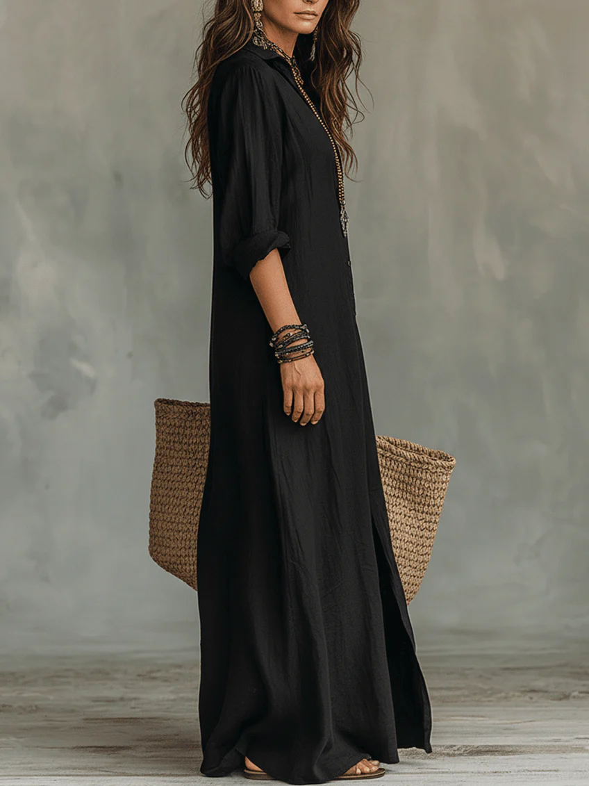 Soline™ | Robe longue noire large avec boutons