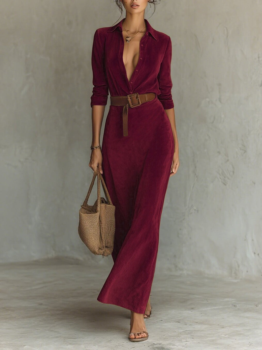 Juline™ | Robe longue en daim avec revers