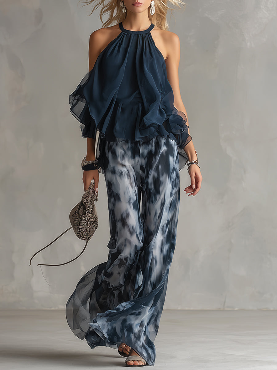 Luisa - Robe élégante en mousseline composée d'un haut à col montant et d'un pantalon large à motifs.