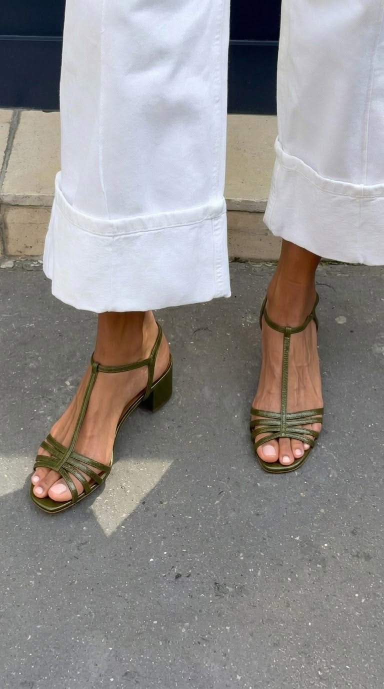 Metallische T-Riemen-Sandalen mit Schnalle und Blockabsatz