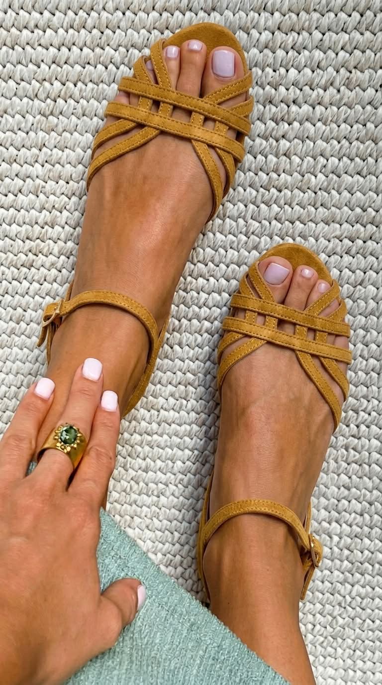 Wildleder-Sandalen mit niedrigem Absatz, Knöchelriemen und mehreren Riemen