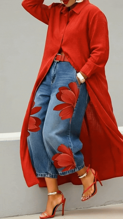 Ensemble fleuri rouge : jean et chemise 🌼