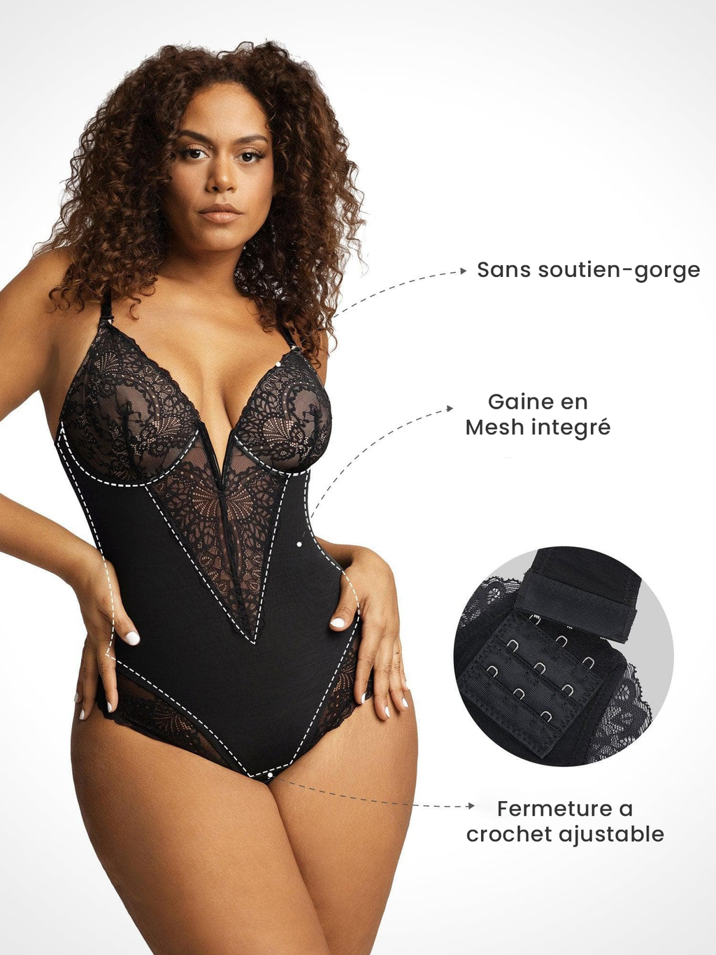 Body Gainant Sculptant à Dentelle Col V